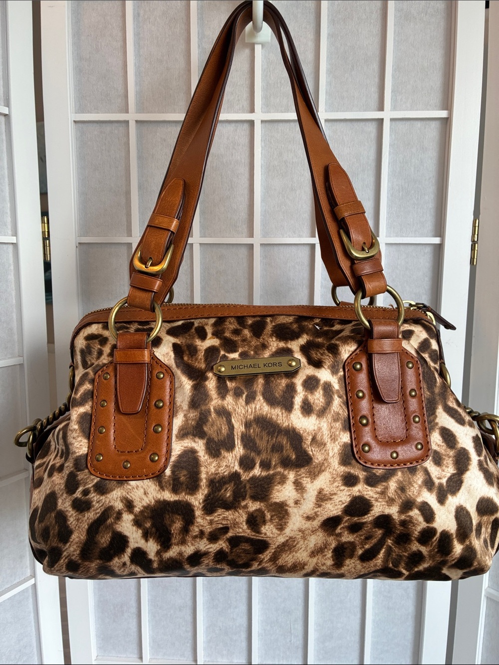 Michael Kors Leopard-Print Shoulder Satchel Bag with Tan Leather Trim
